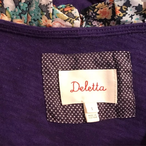 DELETTA Purple Printed Tuxedo Tee Shirt Blouse Pleated VNeck Layering knits Tops - Picture 7 of 8